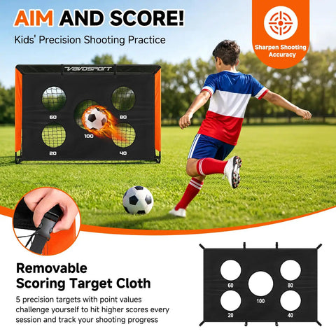 Child playing with Two Pack Backyard Pop Up Soccer Goals 4x3 Ft For Kids with attached scoring target cloth.