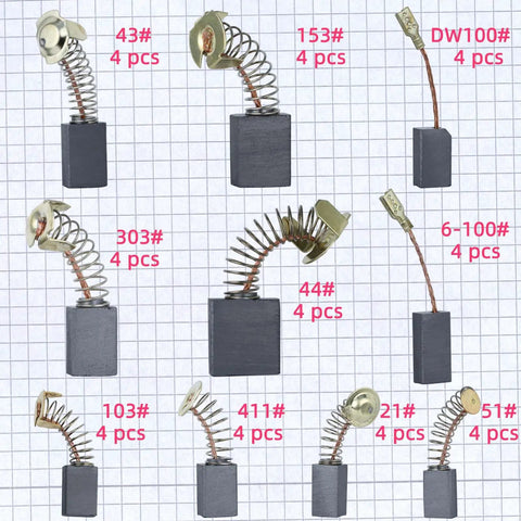 Electric Motor Carbon Brushes Set 40 Pack Replacement Kit With 10 Sizes For Power Tools grid layout of carbon brushes
