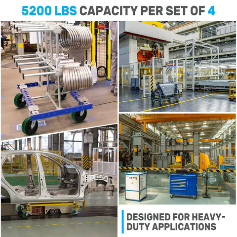 Heavy Hitter Industrial Casters Set Of 4 With Smooth Operator Polyurethane Tread Non Marking Cast Iron Core 5200 Lbs Max Load Rating in a factory setting.