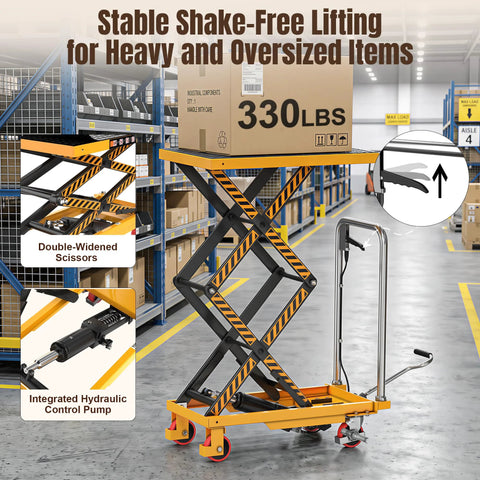 Tera hydraulic lift table cart with 330 lb capacity, yellow steel frame, double-widened scissor lift, wheels