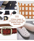 Collage featuring different uses of Eight Piece Leather Circle Cutter Set With High Carbon Steel Round Punches, crafts include belts and pillows.