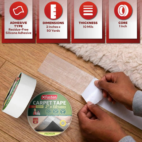 Double Sided Carpet Tape That Keeps Area Rugs In Place And Stays Put On Hardwood And Tile Floors Without Residue Or Damage roll in use.