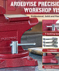 Heavy Duty Bench Vise Featuring A 4.5 Inch Jaw Width And 3 Inch Opening, Rock Solid 240 Swivel Base, Robust Chassis Design For Ultimate Garage Grip And Pipe Work, showing T locking bar.