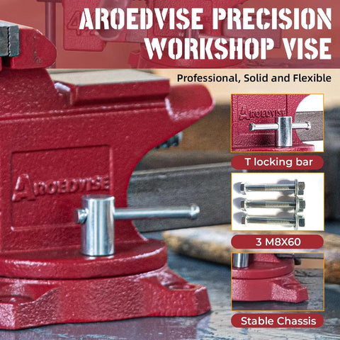 Heavy Duty Bench Vise Featuring A 4.5 Inch Jaw Width And 3 Inch Opening, Rock Solid 240 Swivel Base, Robust Chassis Design For Ultimate Garage Grip And Pipe Work, showing T locking bar.
