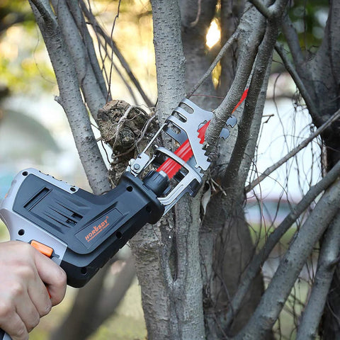 10-piece reciprocating saw blade set mounted on cordless saw, 6–8 inch wood/metal blades cutting a tree branch.