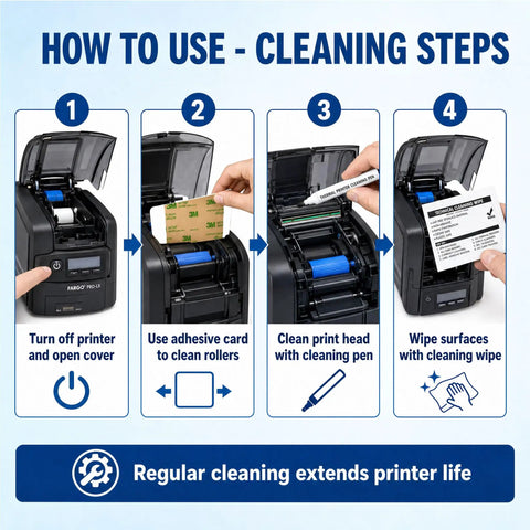 No Stress Printer Cleaning Kit For Id Card Makers featuring cleaning steps for printer maintenance with adhesive cards and wipes.