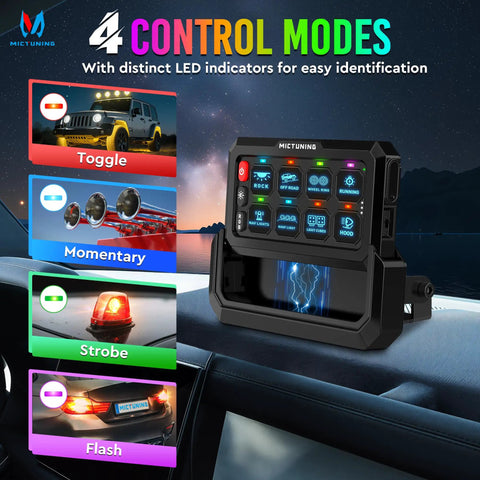 Eight Gang Wireless Switch Panel For Off Road Vehicles With 328 Ft Remote Range Sync Up To Four Panels in control modes display