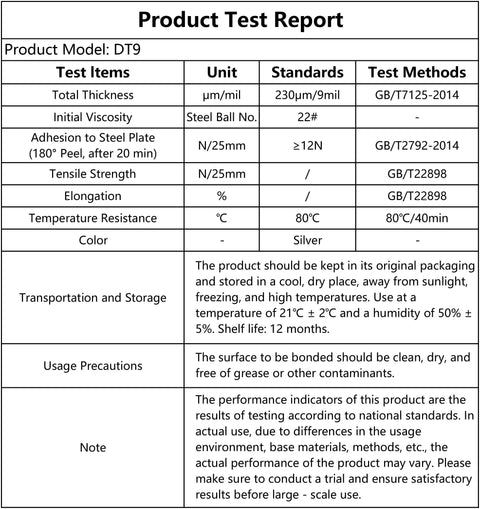 Product Test Report for Heavy Duty Silver Duct Tape, Model DT9, detailing test items, specifications, and storage instructions.