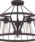 Brooklyn Industrial Semi-Flush Pendant Ceiling Light in Bronze Finish, Vintage Cage Filament Bulb Fixture, front view