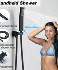 Matte Black Shower System With 10 Inch Rain Shower Head And High Pressure Faucet Set All Metal Brass Handheld 16 Inch Shower Arm 60 Inch Stainless Hose Complete Shower Fixture Trim For A Premium Bathroom Spa Upgrade; labeled parts and handheld use