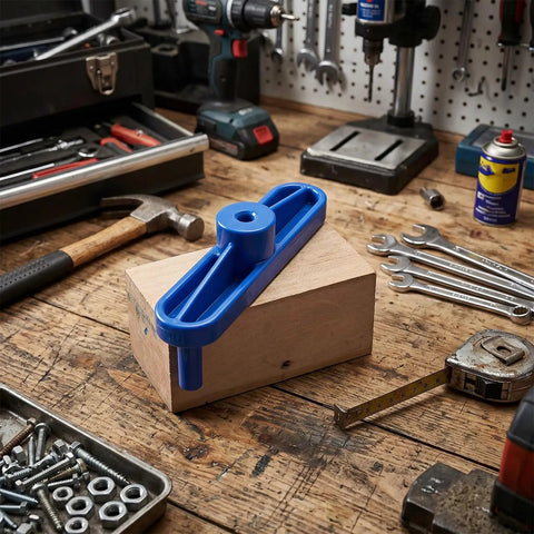 Rock Solid Magnetic Center Finder Tool For Woodworkers Needing Dead On Drill Layouts With Durable ABS Construction and Killer Precision Throughout Every Project on wood block, with tools in background.