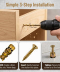 3-step installation of the 6x14mm Short Expansion Screw Set for Cabinet and Door Hinges shown in three detailed images.