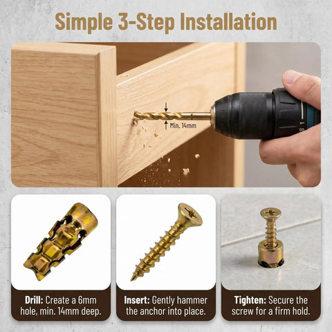 3-step installation of the 6x14mm Short Expansion Screw Set for Cabinet and Door Hinges shown in three detailed images.