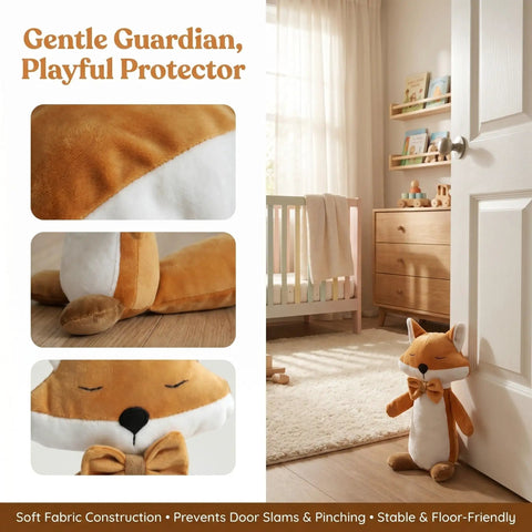 Fox Shaped Plush Door Stopper With Cotton Filling next to a nursery door, highlighting its design and functionality.