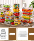 Airtight 50 Piece Food Storage Set With Lids For Meal Prep, Leak Proof BPA Free Plastic Containers, filled with assorted food.