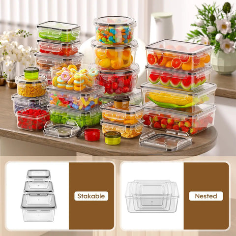 Airtight 50 Piece Food Storage Set With Lids For Meal Prep, Leak Proof BPA Free Plastic Containers, filled with assorted food.