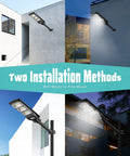Ultra Bright Solar Street Light mounted on wall and pole, showcasing outdoor security lighting options in various settings.