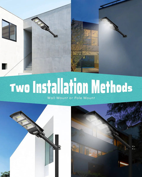 Mega Bright 4000W LED Solar Street Lights Outdoor with 400000LM dusk to dawn motion sensor in wall and pole mount setups
