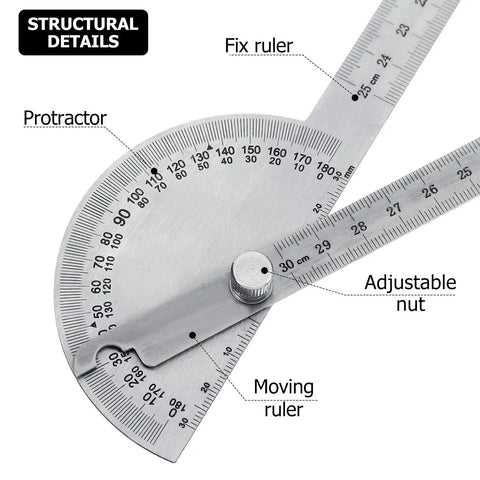 Stainless Steel 2 In 1 Ruler And Protractor For Woodworking Angles And Lengths Measuring Tool showing fixed and moving rulers