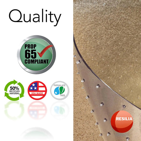 Close-up of Deluxe Clear Vinyl Floor Runner for Deep Pile Carpets with quality badges, showcasing USA made and eco-friendly features.