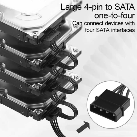 Molex To 4 SATA Power Cable 4 Pin LP4 To 4x SATA 15 Pin Female Expansion Power Cable For PC NAS Server Drives And SSDs 20.8 Inch 18AWG Tinned Copper Built For A Bunch Of Drives, four-drive connector