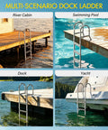 Heavy Duty Aluminum Dock Ladder Beefy Build With 500 Pound Capacity, Four Step, Non Slip Wide Steps For Wet Surfaces, Removable Design, Sturdy Frame That Will Not Wobble, Easy Setup For Boats, Docks, Or Piers, shown on dock and yacht