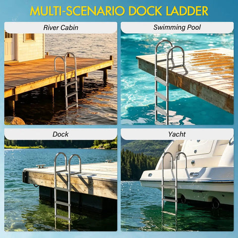 Heavy Duty Aluminum Dock Ladder Beefy Build With 500 Pound Capacity, Four Step, Non Slip Wide Steps For Wet Surfaces, Removable Design, Sturdy Frame That Will Not Wobble, Easy Setup For Boats, Docks, Or Piers, shown on dock and yacht