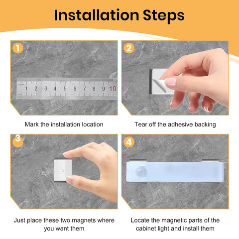 Installation steps for 12 Pack Under Cabinet Light Metal Adhesive Strips For Magnetic LED Lights Mounting Replacement Iron Plates.
