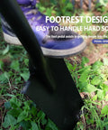 Drain Spade Shovel For Garden Digging And Transplanting Go To Trench Spade With Wooden D Handle in use with footrest on soil