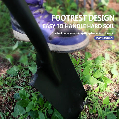 Drain Spade Shovel For Garden Digging And Transplanting Go To Trench Spade With Wooden D Handle in use with footrest on soil