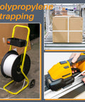 Heavy Duty White Polypropylene Strapping Roll 9900 Ft 1/2 Inch 440 Lb Tensile Strength packing gear on a mobile dispenser.