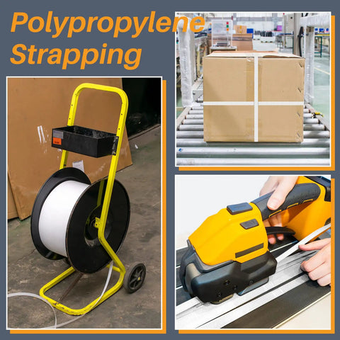 Heavy Duty White Polypropylene Strapping Roll 9900 Ft 1/2 Inch 440 Lb Tensile Strength packing gear on a mobile dispenser.