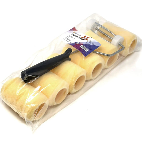 Six Piece Pro Grade 4 Inch Shedless Roller Covers With Roller Frame Kit Lint Free Three Eighth Inch Nap Heavy Duty Zinc Plated