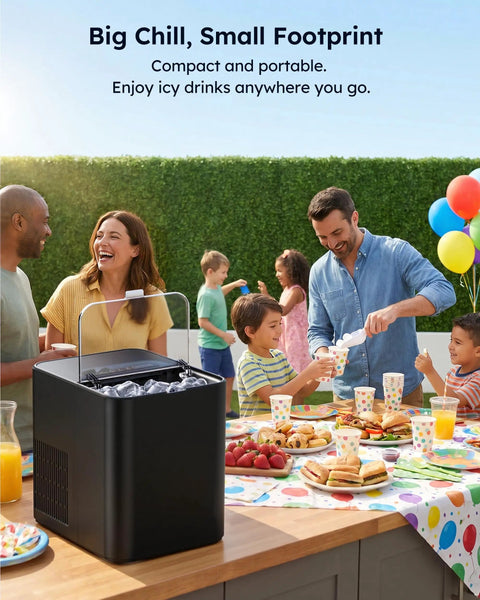 Fast Countertop Ice Maker Turns Out Eight Bullet Shaped Cubes In Six Minutes While Pumping Twenty Six Point Five Pounds Daily with drinks at a party.