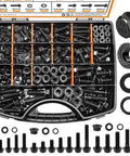 Beefy Automotive Flange Bolts And Nuts Kit 10.9 Grade Alloy Steel With Full And Half Thread Options M6x1.0 M8x1.25 M10x1.5 From 12mm To 45mm Black Finish Hex Bolts Nuts And Washers For Engines And Heavy Duty Projects in organized case with various sizes and types visible.