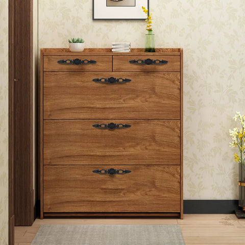 Antique Black Cabinet Pulls 2 Pack Classic Vintage Dresser Drawer Handles installed on wooden dresser in room