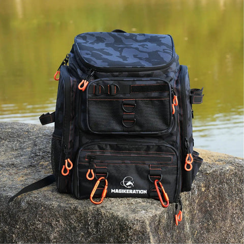 Fishing Backpack With Rod Holders And 42L Capacity, 900D Water-Resistant Oxford Tackle Bag for Men in Black Camo on rock