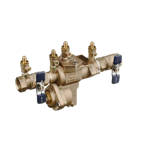 Lead Free Bronze Reduced Pressure Zone Backflow Preventer Assembly Three Quarter Inch With Quarter Turn Shutoff Tamper Resistant Handles Top Mounted Test Cocks And Spring Loaded Check Valves For Water Line And Irrigation System 175 PSI, front view