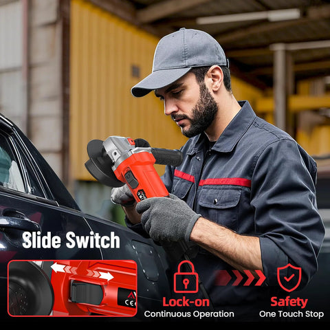 Avhrit angle grinder, red 4-1/2 in wheel, side-view of operator grinding a car panel