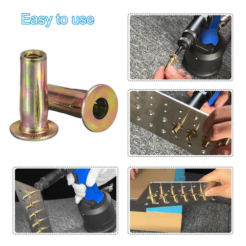Rock Solid Pre Bulbed Shank Rivet Nut Kit With 25 Pcs Zinc Plated Carbon Steel Threaded Inserts in use for sheet metal fastening.