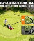Outdoor Extension Cord 12 Gauge 3 Conductor 50 Foot Heavy Duty Waterproof Power Cable For Garden And Workshop 15A 125V 1875W ETL Certified NEMA 5 15 Plugs Durable Weatherproof Cable stretched across lawn with mower