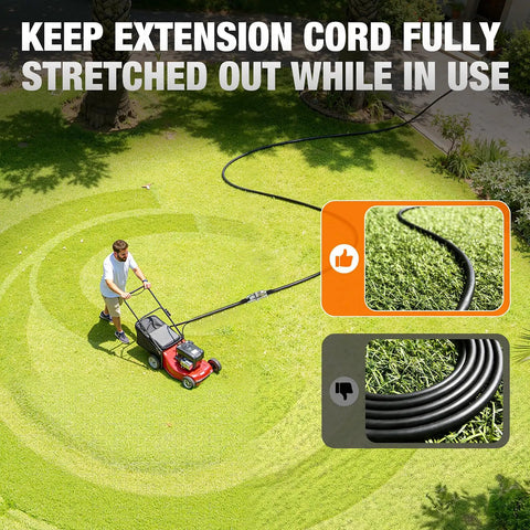 Outdoor Extension Cord 12 Gauge 3 Conductor 50 Foot Heavy Duty Waterproof Power Cable For Garden And Workshop 15A 125V 1875W ETL Certified NEMA 5 15 Plugs Durable Weatherproof Cable stretched across lawn with mower