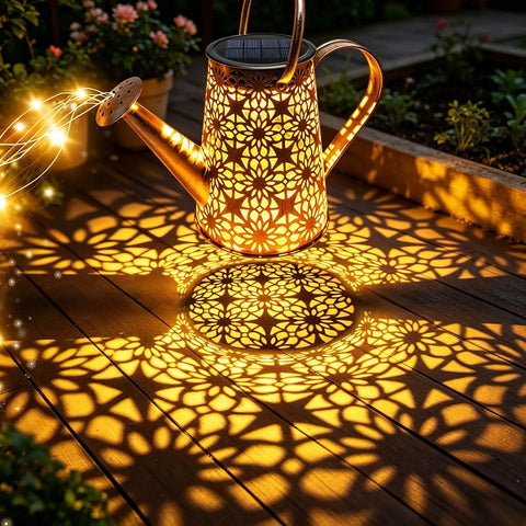 Solar Watering Can Lights, Large Retro Metal Hanging Outdoor LED Decor casting warm white patterns on a wooden deck.