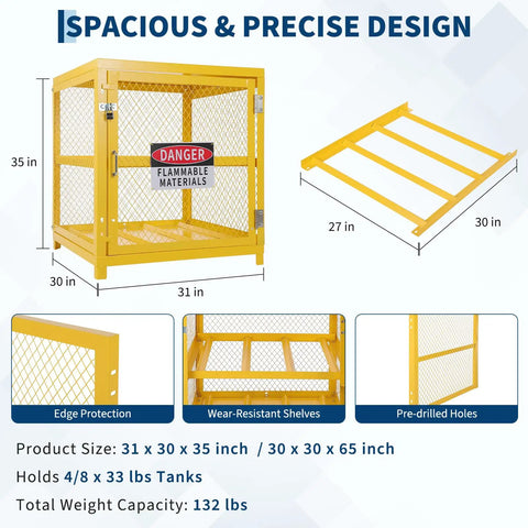 Heavy Duty Hazardous Material Storage Cabinet For Propane Tanks With Lock And Guardrails, Pro Grade Powder Coated Steel Construction, Space Saving Two Tier Design, Compact Gas Cylinder Storage For Workshop Or Garage, showing dimensions and construction details.