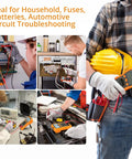 Collage of 6000 Count Digital Multimeter With TRMS Auto Range And NCV used in household, automotive, and circuit troubleshooting.