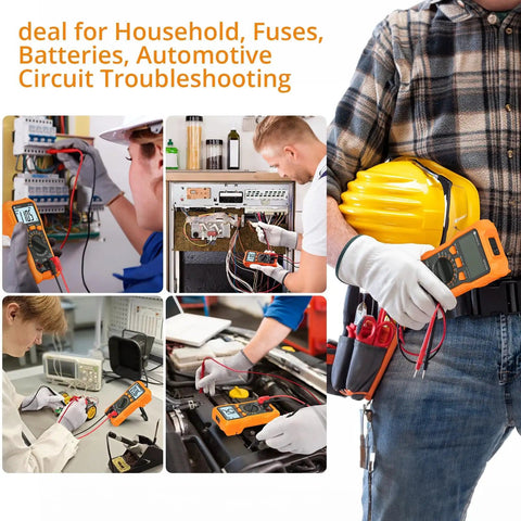 Collage of 6000 Count Digital Multimeter With TRMS Auto Range And NCV used in household, automotive, and circuit troubleshooting.