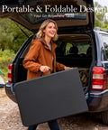 Woman carrying Six Foot Folding Table With Carrying Handle That's Built Tough For Indoor And Outdoor Parties near SUV.