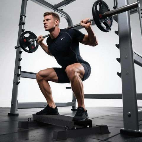 Premium Steel Calf Raise Block And Stretch Board For Savage Leg Days Adjustable Incline Platform used in a squat exercise
