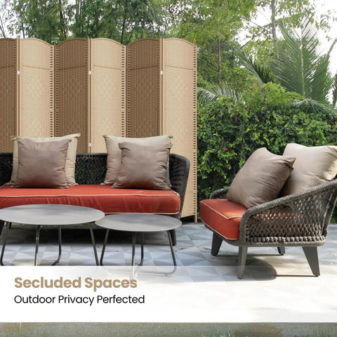 Six Panel Room Divider 6 Ft Folding Privacy Screen in outdoor garden, creating privacy with diamond double weaved design.