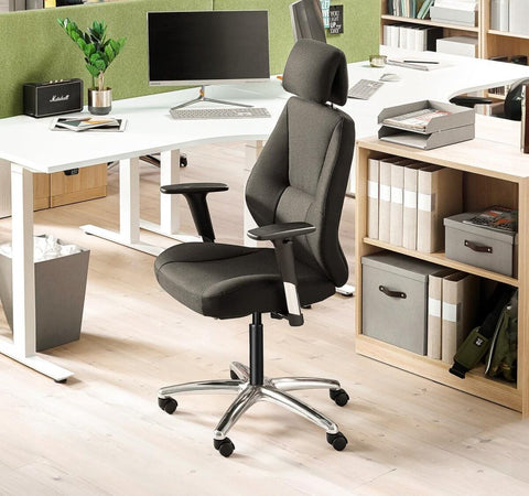 Modern office chair in workspace setting with Office Chair Gas Cylinder Replacement Kit With 6 Inch Stroke Heavy Duty Hydraulic Piston.